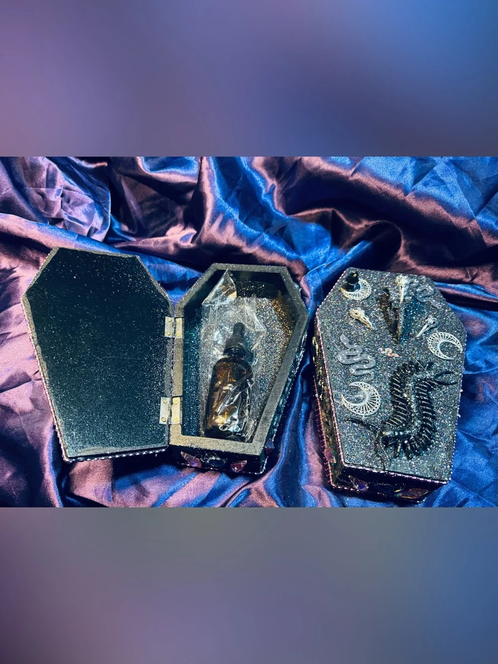 Handcrafted Glitter Coffin Trinket Box with Gothic Embellishments